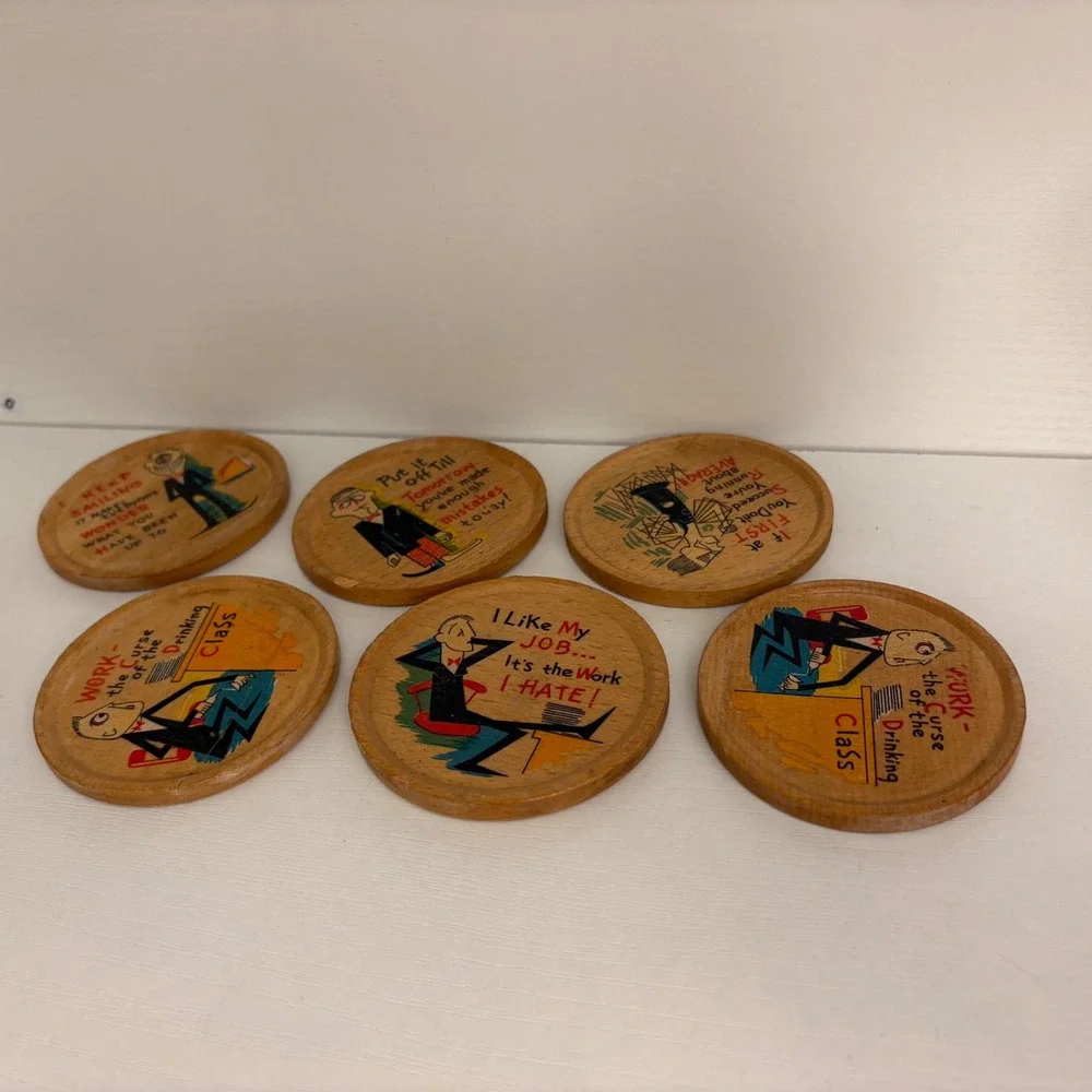 Vintage Mid Century Wooden Coaster Set with Caddy Atlanta Georgia Humorous Art